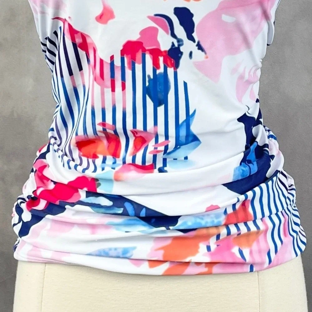 Floral Striped Tube Top Womens‎ Small Stretch Ruched Y2K Indie Tropical Resort